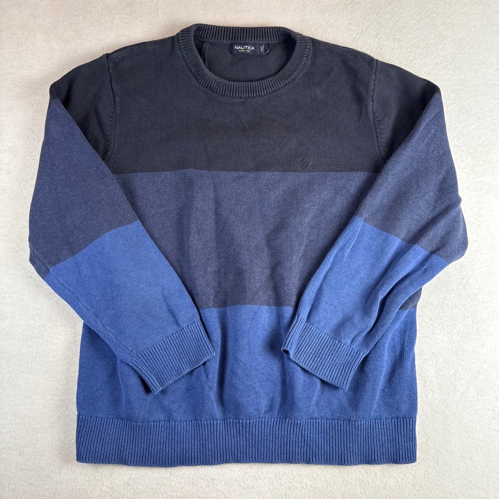 Nautica Mens Blue Colorblock Cotton Crewneck Knit Sweater Large